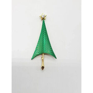Cerrito Enameled Green Christmas Tree Pin Brooch CZ Diamond Gold Tone Vintage